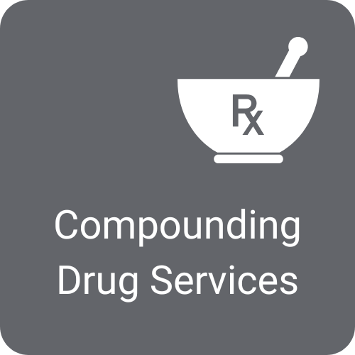 Icon of a mortar and pestle with Rx symbol and the label “Compounding Drug Services”