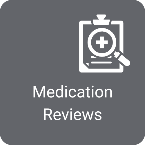 Icon of a clipboard with a magnifying glass and the text “Medication Reviews”